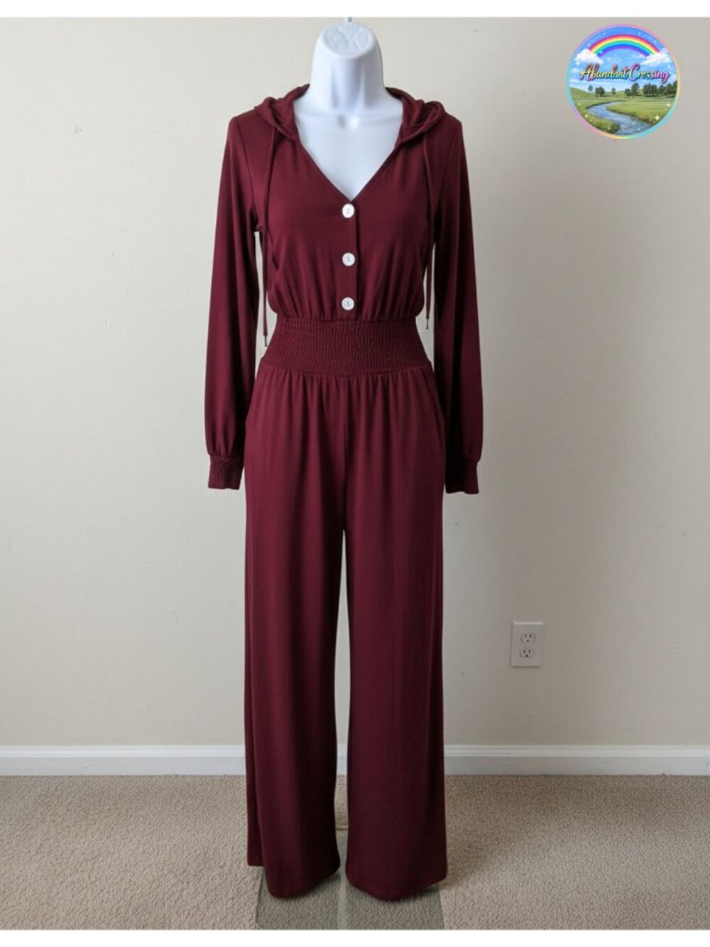 LOOKBOHO Women's Jumpsuit Long Sleeve Wide Leg Smocked Waist Button Front
